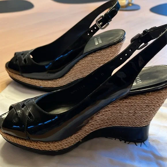 STUART WEITZMAN Wedge Sandals Black Patent Leather - Picture 5 of 9
